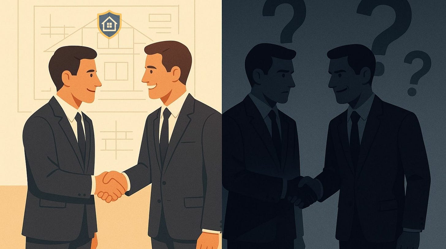 Split illustration showing trust given and trust betrayed in construction contracts, representing the deception faced by Filipino homeowners