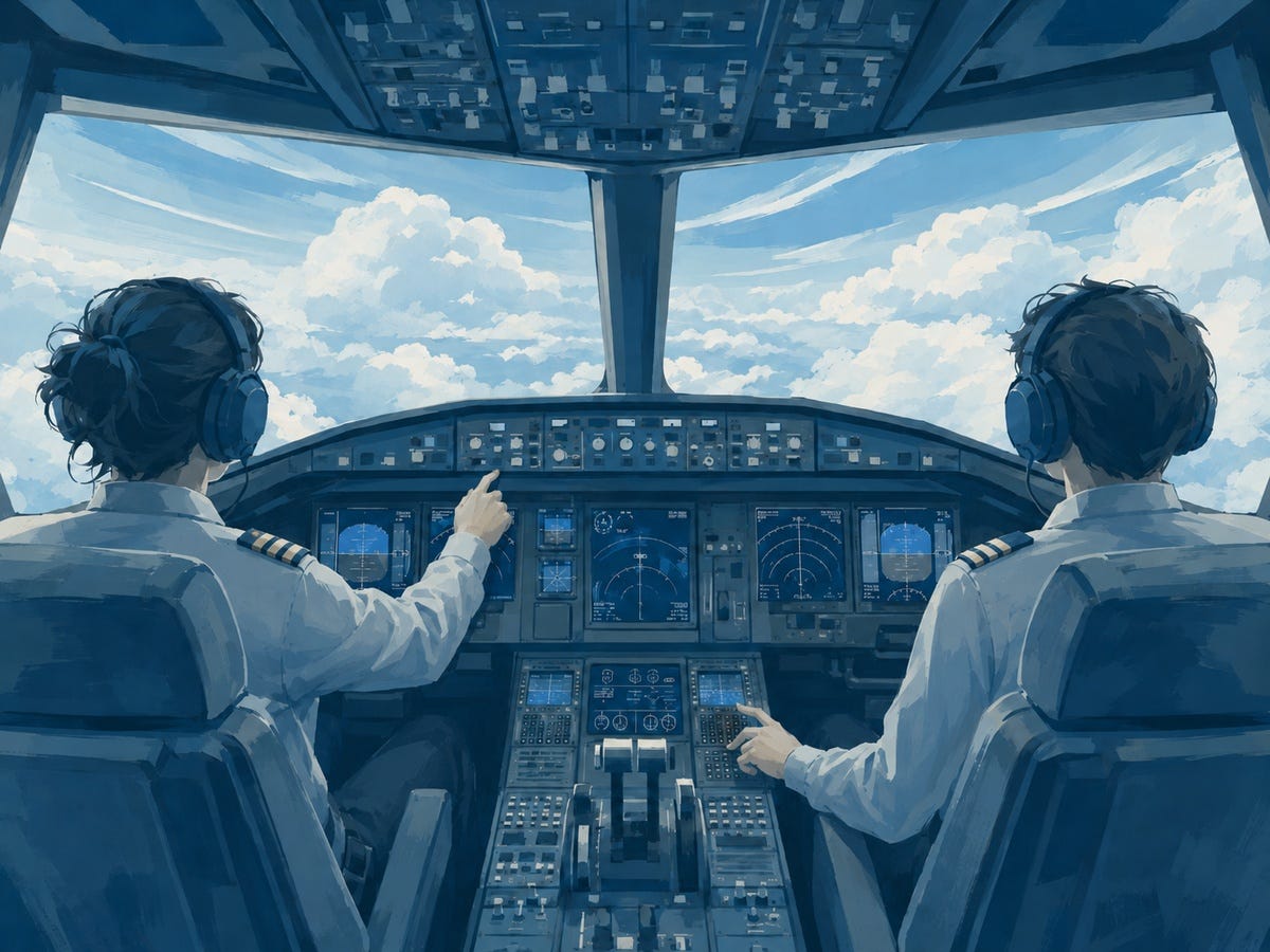 Two gender-neutral pilots viewed from behind in a modern aircraft cockpit, operating buttons and controls while flying above bright, layered clouds in a cool blue palette. Two gender-neutral pilots viewed from behind in a modern aircraft cockpit, operating buttons and controls while flying above bright, layered clouds in a cool blue palette.