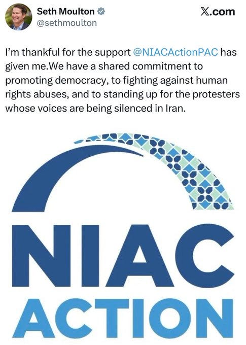 Photograph of Seth Moulton smiling in a suit against a blue background with American flag, overlaid with text thanking NIAC Action PAC for support in promoting democracy, fighting human rights abuses, and standing up for silenced protesters in Iran; below is the NIAC Action PAC logo featuring a blue arched design with patterned elements and bold letters NIAC ACTION PAC.