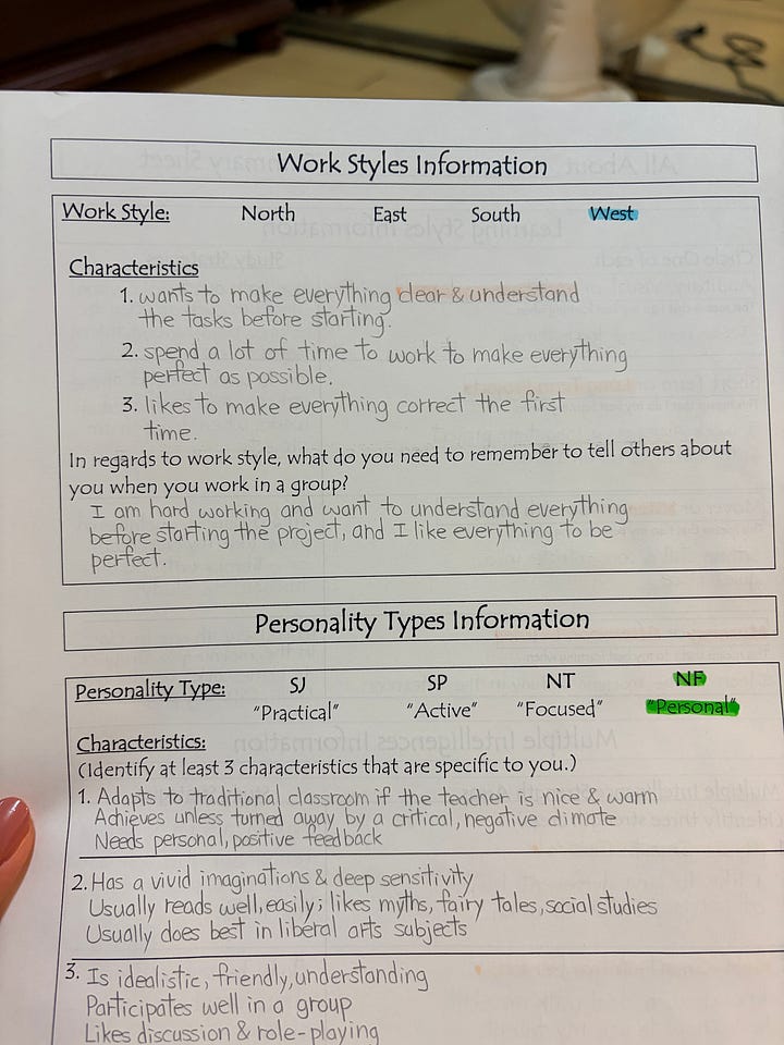 Collection of old journals, art, high school flyer, and work style assessment report from middle school