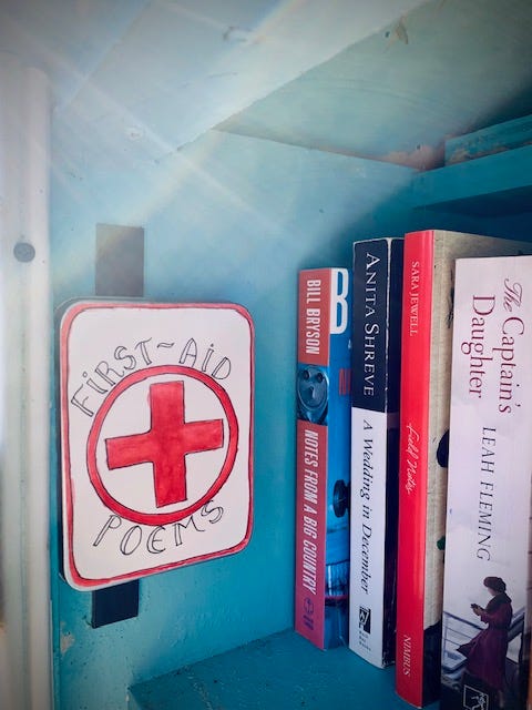 Two photos, one of a small metal box that says First Aid poems, and a second of Ami MCKay in front of her Little Free Library