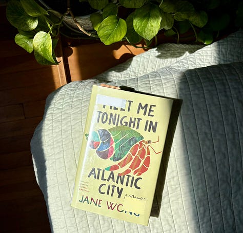 Three photos depicting an at-home workout, the book Meet Me Tonight in Atlantic City, and the author's nightstand with an alarm clock and lamp.