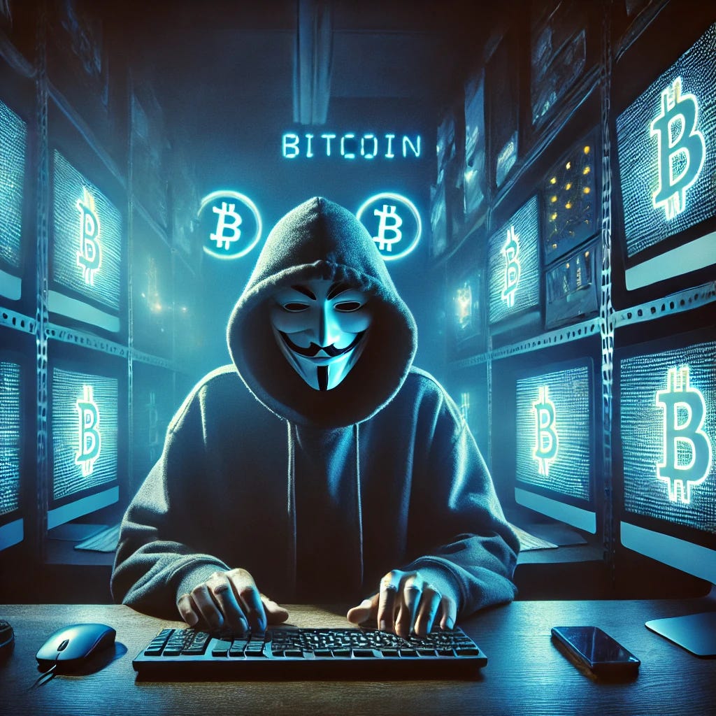 A mysterious figure wearing a hoodie and a Guy Fawkes mask, sitting in a dimly lit room filled with computer monitors displaying Bitcoin mining statistics. The room is filled with a blue glow from the screens, and Bitcoin symbols are subtly visible in the background. The figure's hands are on a keyboard, intensely focused on mining operations. The atmosphere is secretive and cyberpunk-inspired.