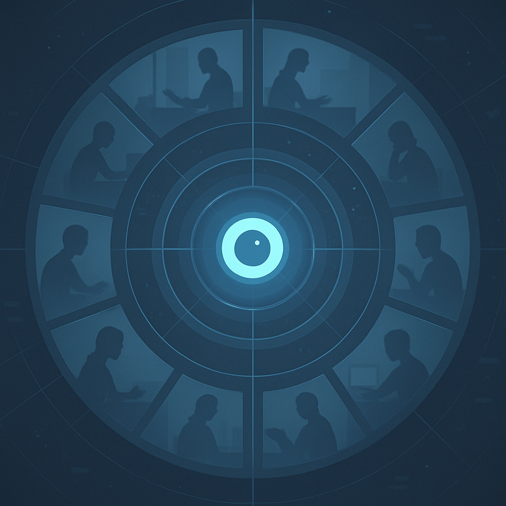 A conceptual illustration of a digital Panopticon: a glowing blue AI eye sits at the centre of a circular interface, surrounded by semi-transparent screens arranged in concentric rings. Each screen shows silhouetted figures working at desks, creating the impression of constant surveillance within a sleek, minimalist digital environment.