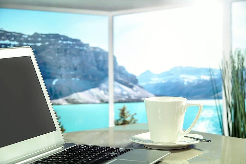 mountains, laptop, coffee, view, work, anywhere, retreat