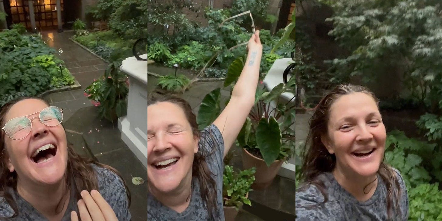 Drew Barrymore filmed herself getting caught in the rain and it's infectious