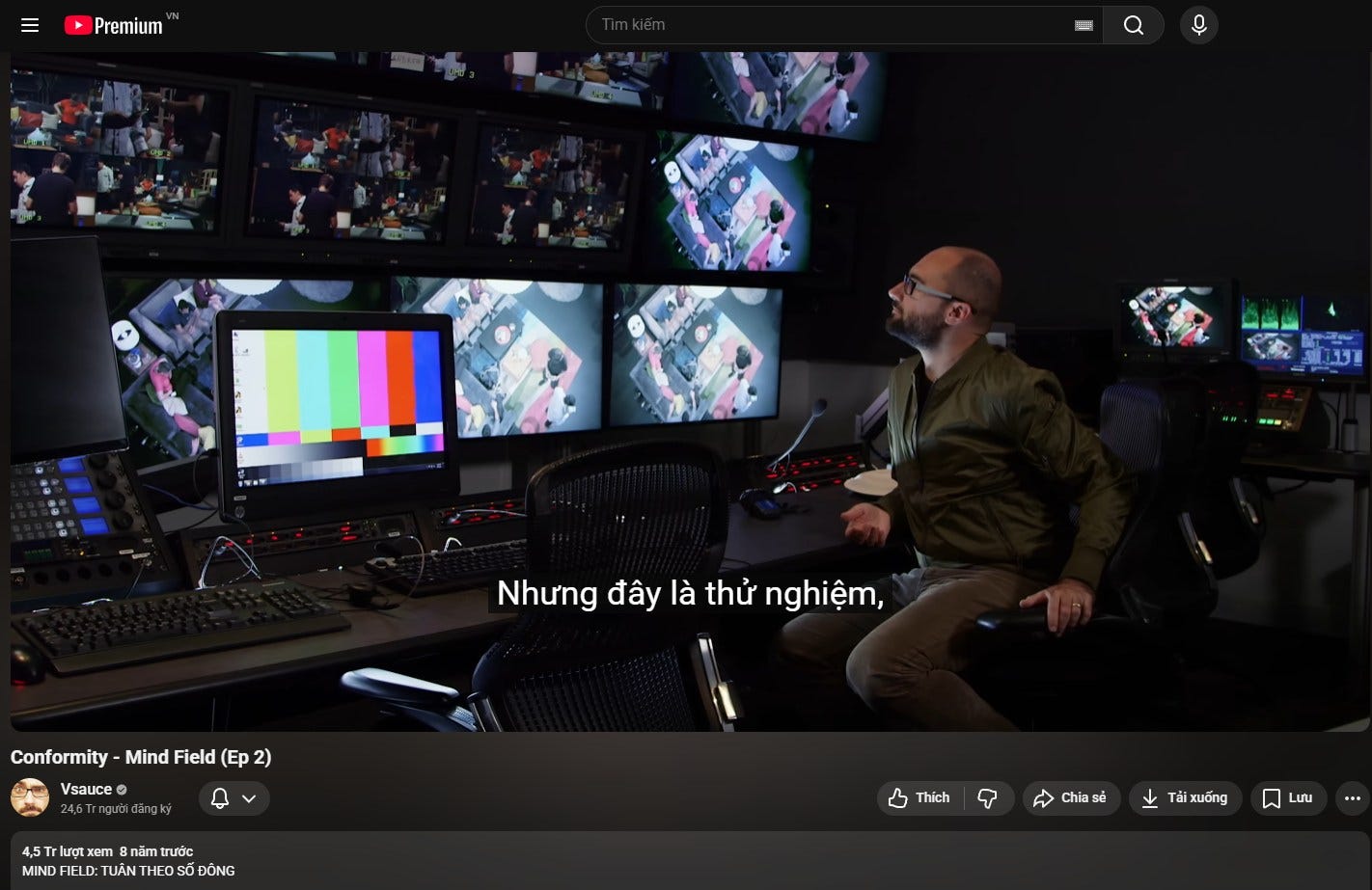 Có thể là hình ảnh về ‎TV và ‎văn bản cho biết '‎Premium שר Nhưng đây Nhưngđâylàthửnghiệm, là thử nghiệm, " Conformity- Mind Field (Ep 2) Vsauce 4,5 xem cem năm trước MIND FIELD: TUÂN THEO 50 ĐÔNG Thich Chia sè Tải xuống ៧ Lưu ••‎'‎‎