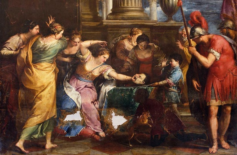 The Rage of Fulvia: painting of a woman attacking a man