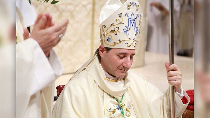 On the left, a photo of Bishop Leo. On the right, a photo of Pope Francis with Cardinal Leo at the moment he elevated him to the rank of cardinal.
