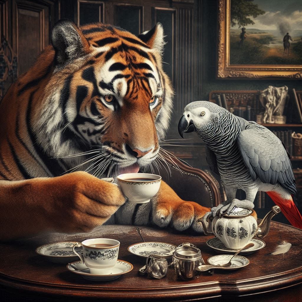 a bengal tiger drinking coffee with an african grey parrot in an old english drawing room
