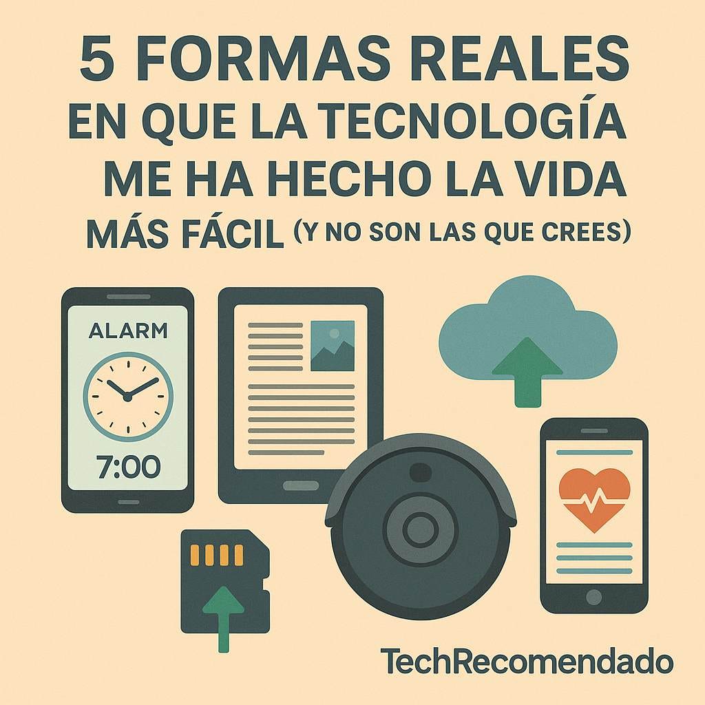 Ilustración plana de objetos tecnológicos cotidianos como lector digital, robot aspirador, smartphone y calendario digital.