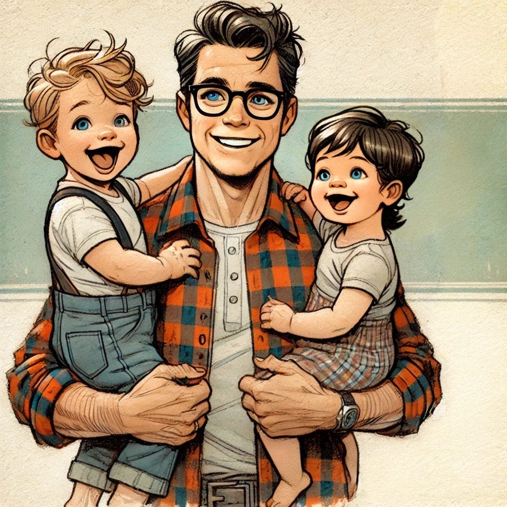 A color illustration of a dad in flannel holding two small children, a blonde boy, and a dark-brown-haired baby girl, all three joyful against a soft watercolor background.
