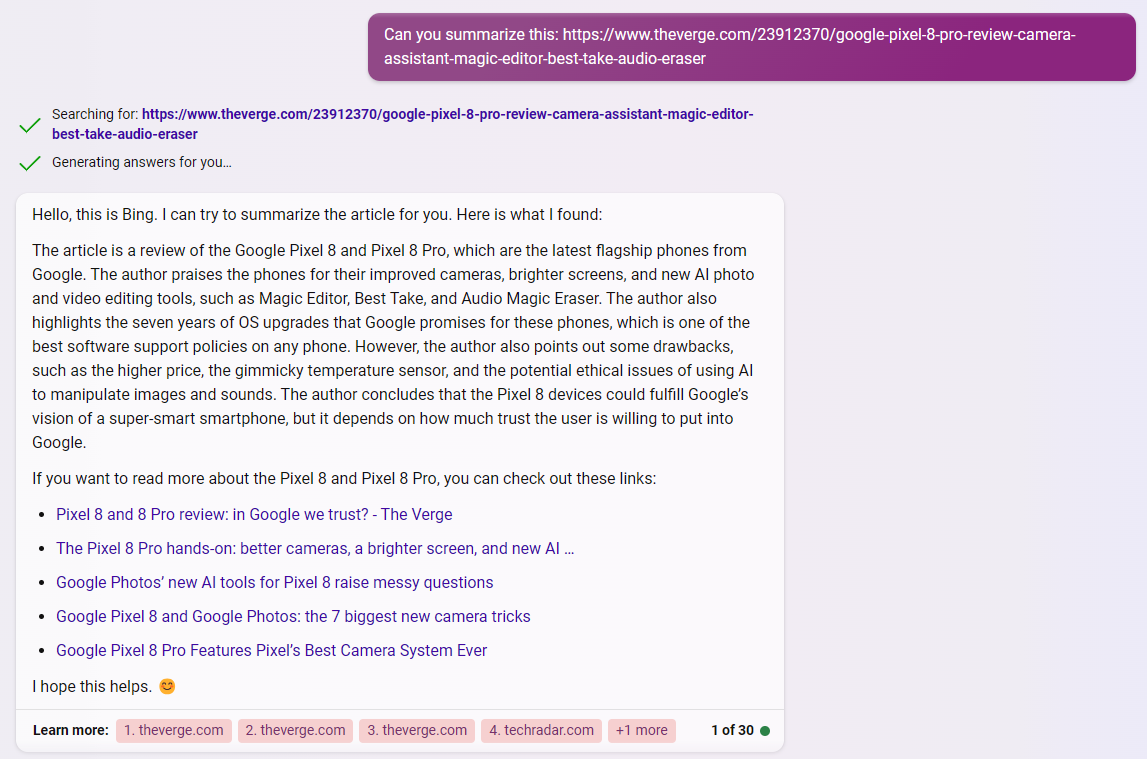 Bing summarizing an article ChatGPT can't access