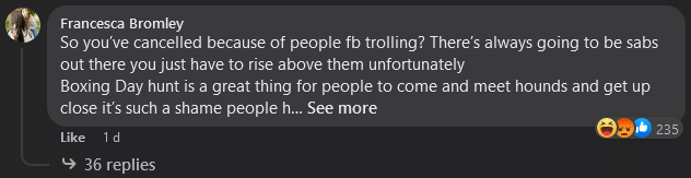 Facebook reply from a hunt supporter excoriating the Raven Inn for giving in to anti-hunt "trolling". Facebook reply from a hunt supporter excoriating the Raven Inn for giving in to anti-hunt "trolling".