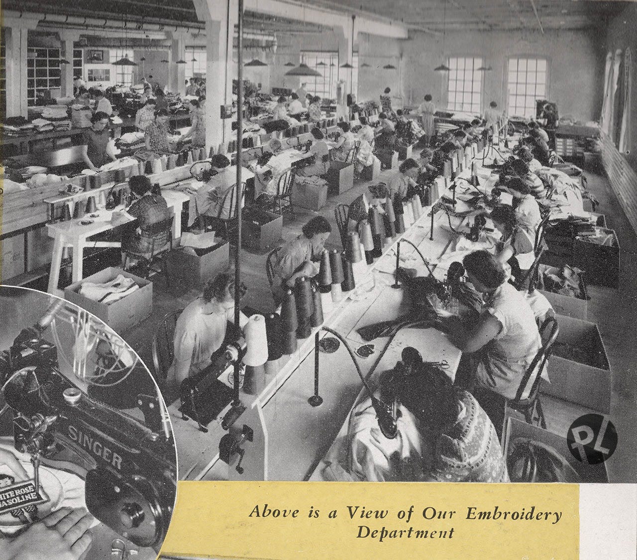 black and white photo of embroidery operators working in a factory in the 1940s