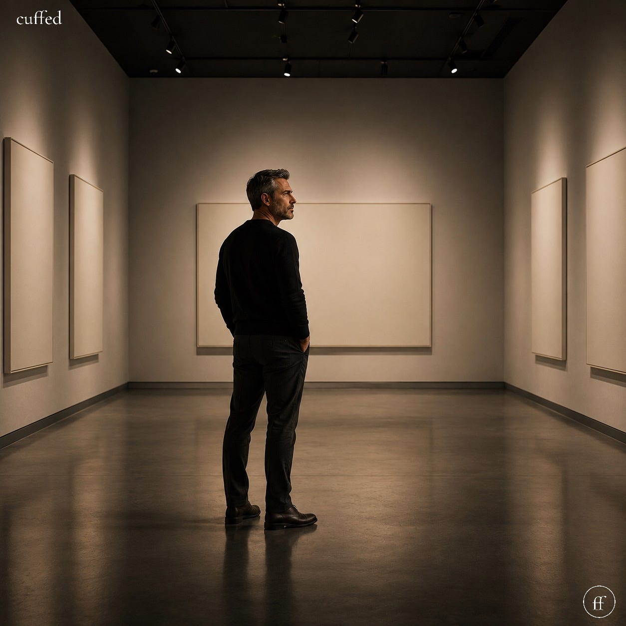 man standing alone in a dim, minimalist art gallery, facing away toward a blank canvas, muted warm lighting, dark reflective floor, cuffed wordmark top-left in cream serif, ff logo bottom-right — cinematic solitude, cover image for cuffed musing on integrity and self-accountability.