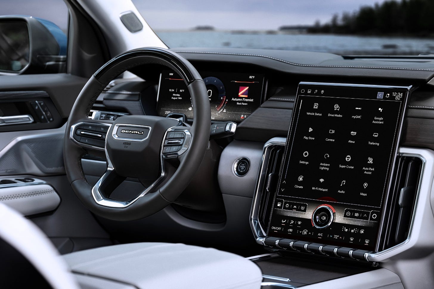 The interior of the 2024 GMC Acadia Denali showing new technology.