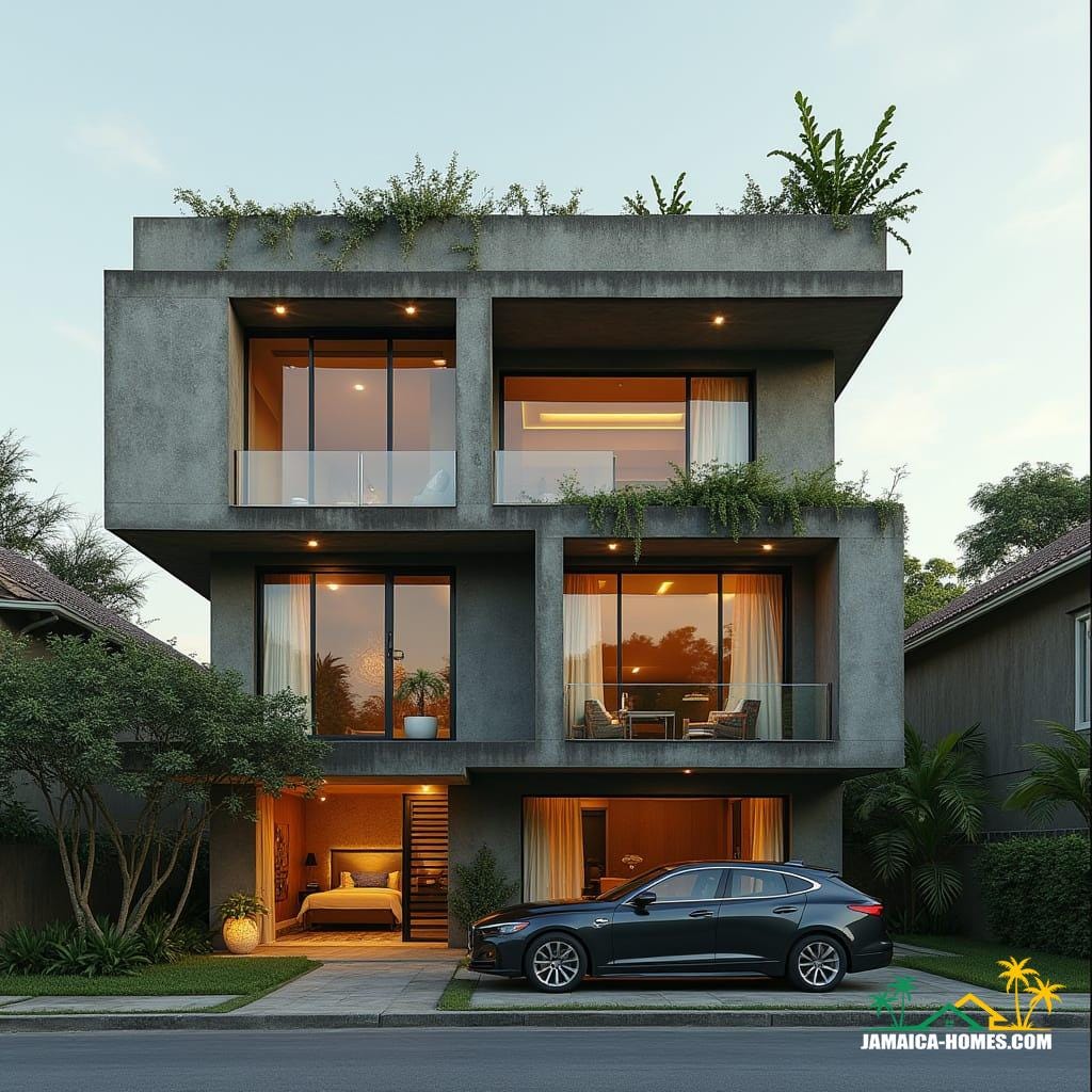 A creative Jamaican townhouse in Kingston made from stacked shipping containers and concrete blocks, bold geometric forms, large square windows, and flat roof with rooftop spa. Industrial chic detailing, rooftop garden.