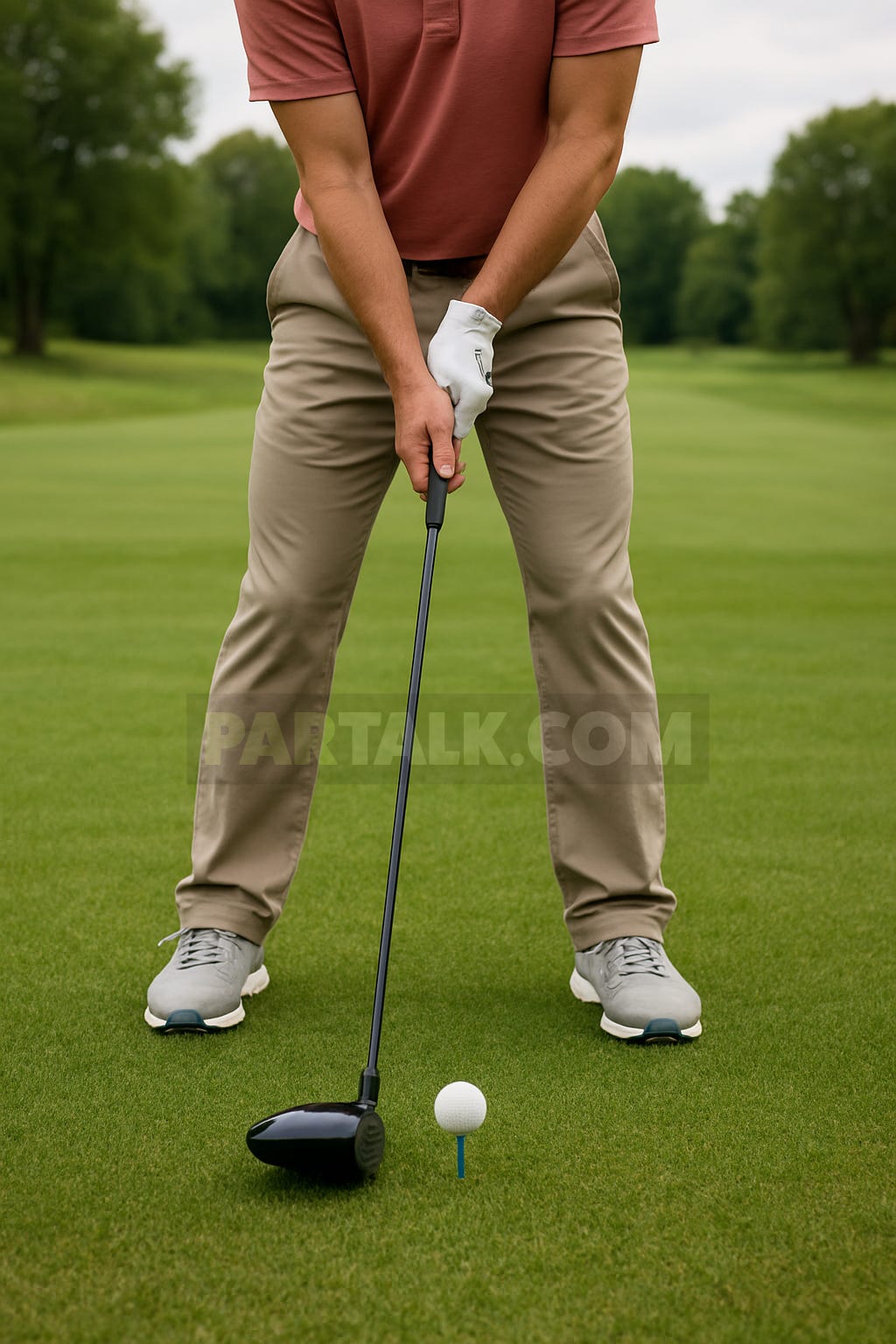 A golfer in a salmon shirt and khakis sets up with a driver behind a teed ball on a fairway, showing proper stance and ball position before the swing.