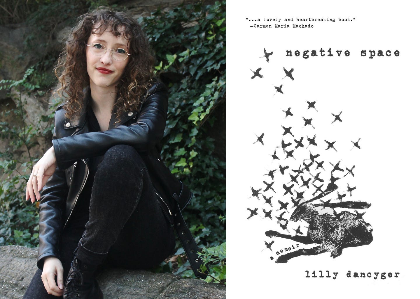 A photo of author Lilly Dancyger on the left with a copy of the book cover of Negative Space on the right.