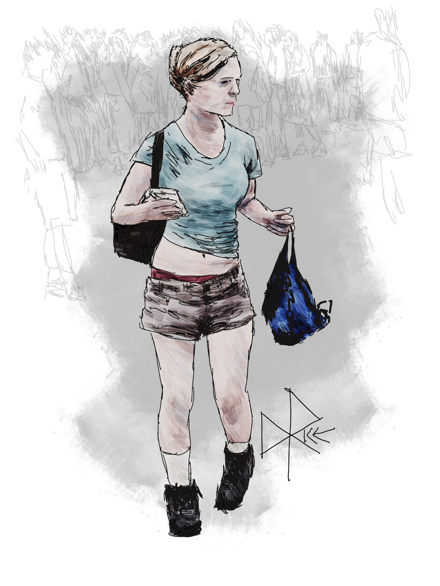 A woman wearing a t-shirt and shorts, gathering her gear after a lunchtime picnic in the park. Sketch art by Don Rice. A woman wearing a t-shirt and shorts, gathering her gear after a lunchtime picnic in the park. Sketch art by Don Rice.