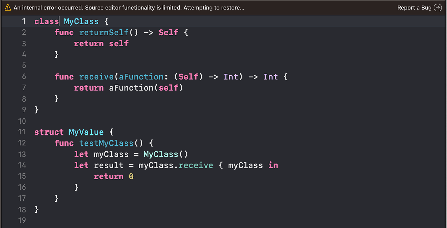Xcode cannot understand our code and ceases to work with the message: An internal error occurred.