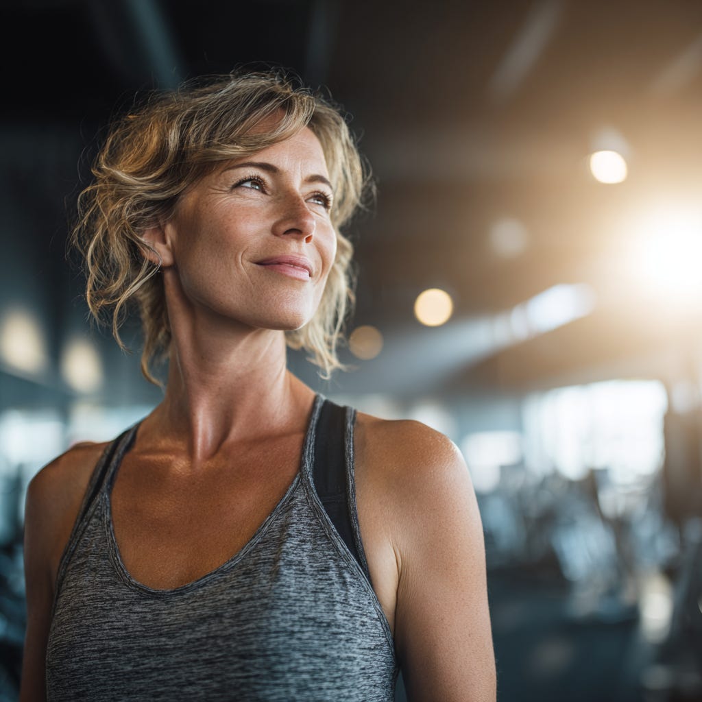 Fit, healthy, middle-aged woman happy in the gym.