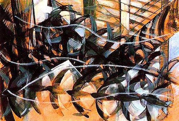 Balla's painting is like a slow-motion sets of slices of a bird in flight, with its wings scissoring several times across the page. Balla's painting is like a slow-motion sets of slices of a bird in flight, with its wings scissoring several times across the page.