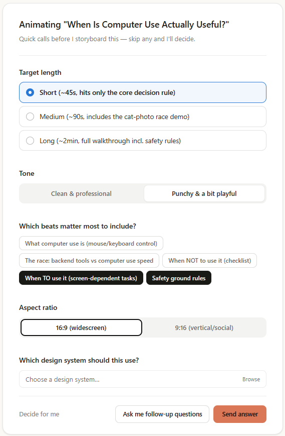 Claude Design interview asking about target length, tone, key content, aspect ratio, and whether to ask more questions.