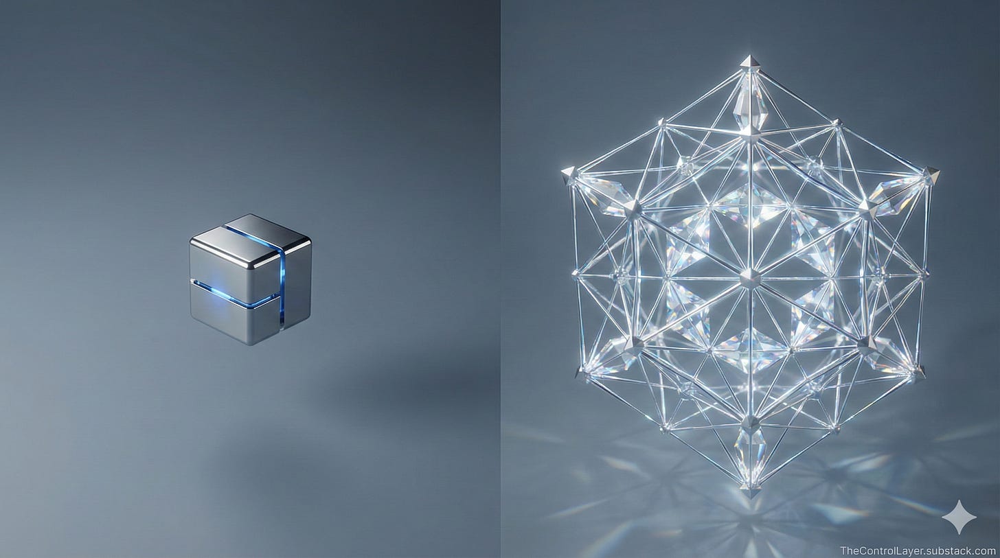 A small cube representing RSA keys next to a larger crystalline lattice structure representing post-quantum keys. A small cube representing RSA keys next to a larger crystalline lattice structure representing post-quantum keys.