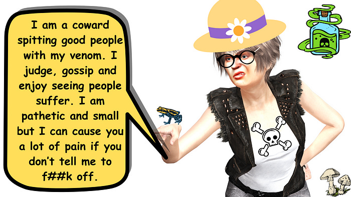 Caricature style image of a woman with disgusting smirk on her face pointing her finger at someone. A speech bubble is on her left describing what a toxic person she is.