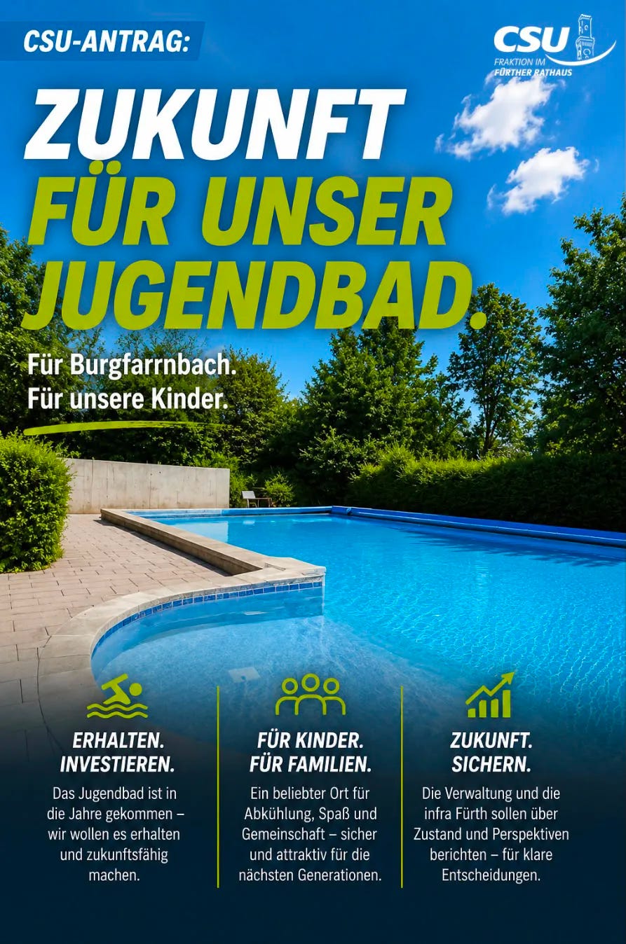 KI-generiertes Poolbild der CSU Fürth zu ihrem Antrag bzgl. dem Jugendbad Burgfarrnbach KI-generiertes Poolbild der CSU Fürth zu ihrem Antrag bzgl. dem Jugendbad Burgfarrnbach