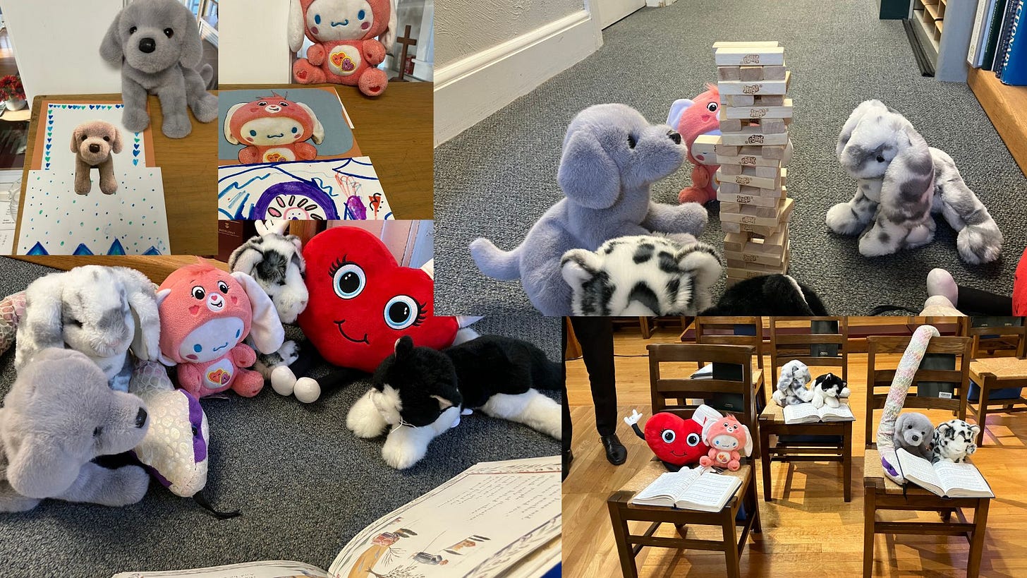 A photo collage of stuffed animals in various poses as though they're playing games or reading a story, etc.