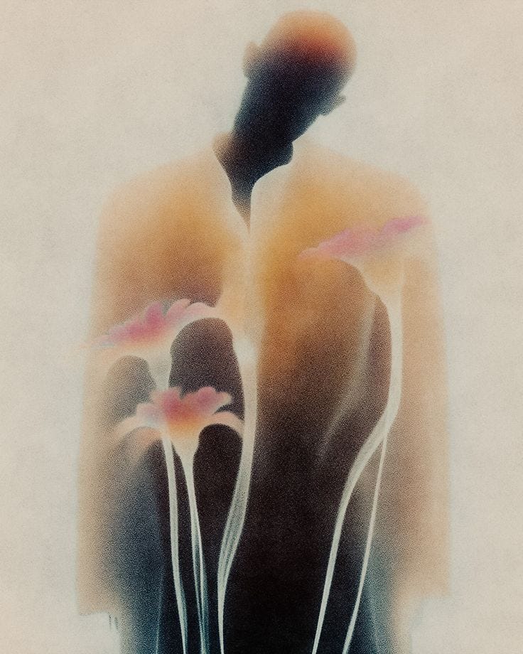 Atmospheric, conceptual art images illustrating the essence of immersive luxury and emotional capital — blending human silhouettes, abstract floral elements, and soft textures to evoke depth, presence, and sensory transformation."