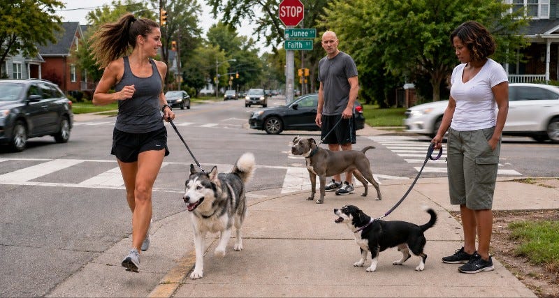Jogger with an Alaskan Husky runs by while the dog owners of a Pit Bull and a Dachshund look on. Jogger with an Alaskan Husky runs by while the dog owners of a Pit Bull and a Dachshund look on.