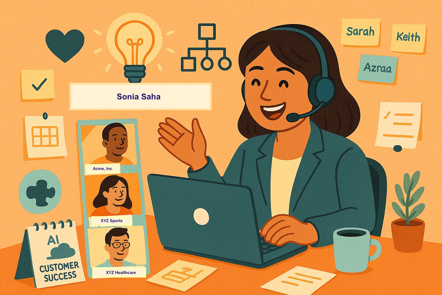 Illustration of a woman wearing a headset, smiling while speaking during a video call, with sticky notes, calendar, lightbulb, and team avatars around her.