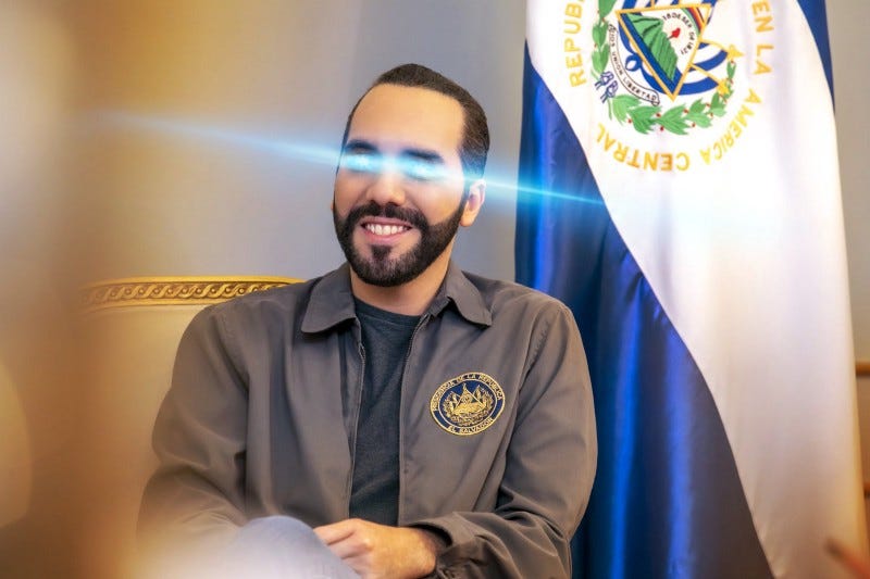 The President of El Salvador’s current Twitter profile pic. Blue lasers beam from his eyes. The President of El Salvador’s current Twitter profile pic. Blue lasers beam from his eyes.