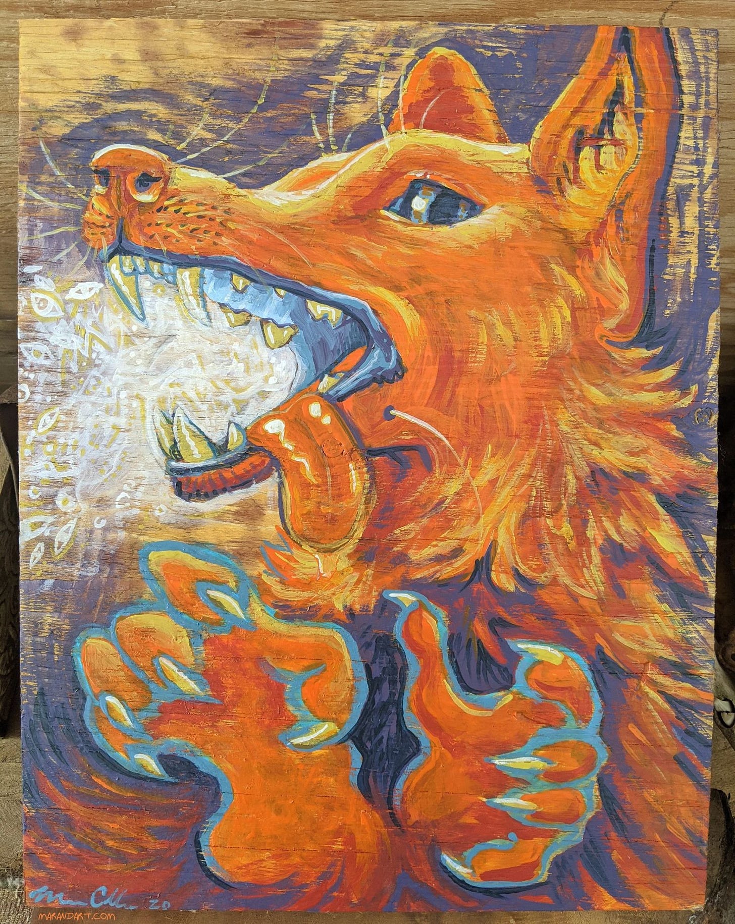 A painting of an anthropomorphic orange coyote-like beast with clawed hands and a wide, drooling maw