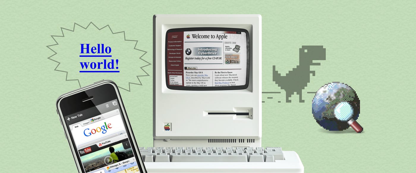 A nostalgic collage featuring a beige 1980s Macintosh computer, an early iPhone displaying Google and YouTube, the Chrome "Dino Run" dinosaur, and a pixelated globe. A nostalgic collage featuring a beige 1980s Macintosh computer, an early iPhone displaying Google and YouTube, the Chrome "Dino Run" dinosaur, and a pixelated globe.