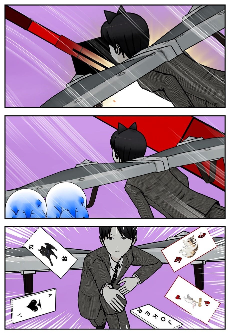 Ace catches up to the missile and hurls the five cards at it.