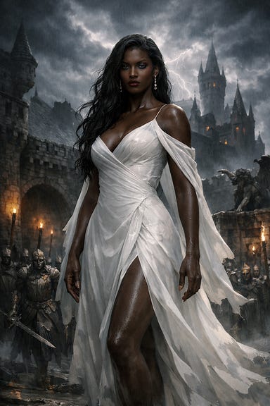 Ludmilla Vilisevec, statuesque dark-skinned female vampire in flowing white gown standing in the courtyard of Castle Ravenloft under stormy sky