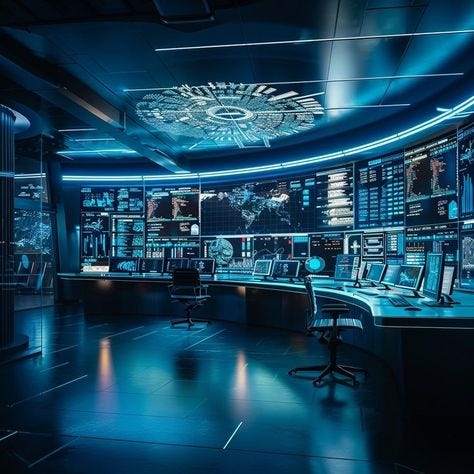 This may contain: the control room is lit up with blue lights and displays on the wall behind it