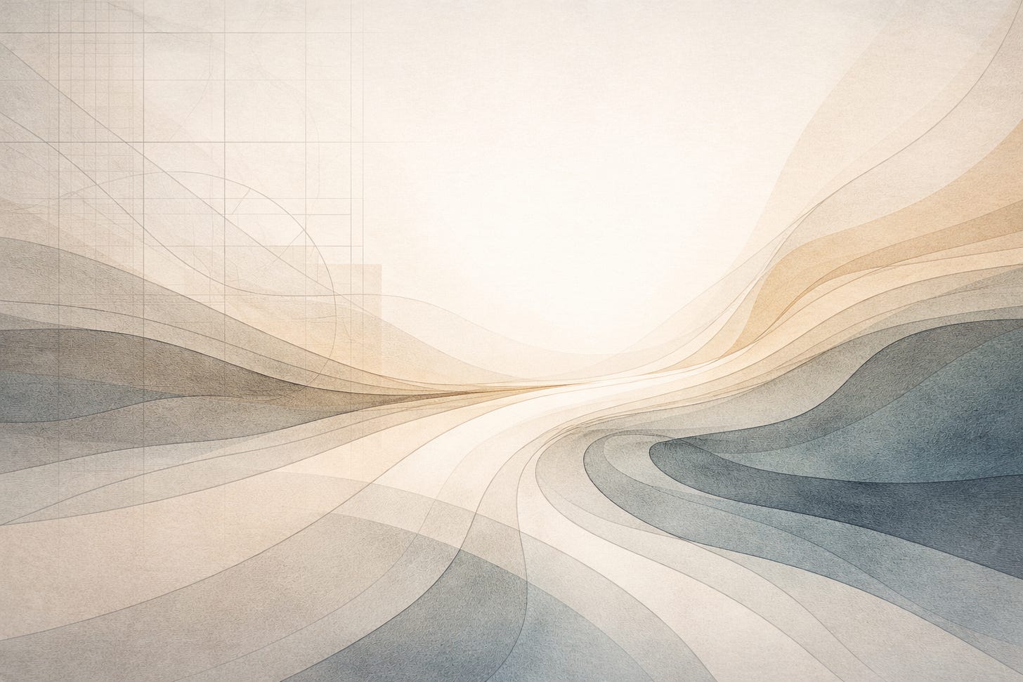 Minimalist abstract artwork showing structured grid lines softening into layered neutral contours, symbolizing the balance between optimization and well-being.