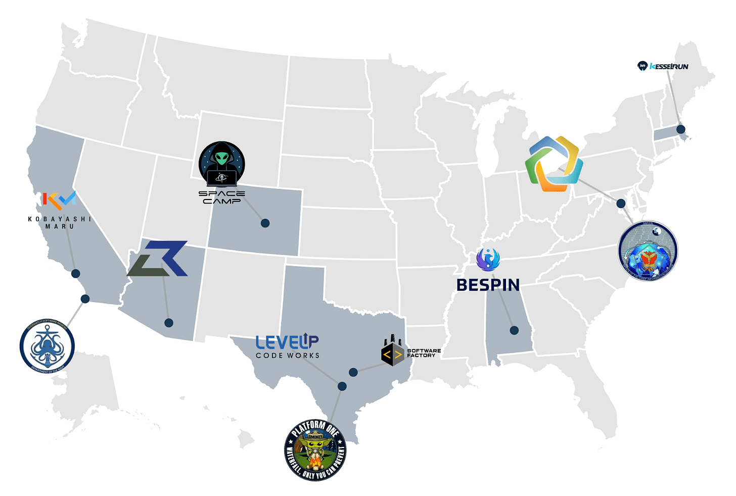 Map of all DoD software factories in the US. Map of all DoD software factories in the US.