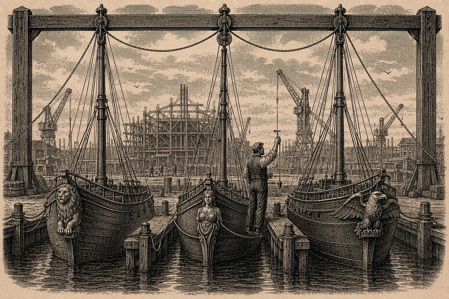 Wood-engraving editorial illustration in the Thomas Nast Harper's Weekly style for Attention Capital's essay The Capital Side of the Canary. Three sturdy 1870s vessels dock at three separate piers, each with a distinct figurehead, connected overhead by a shared system of ropes and pulleys running to a central beam. A single builder measures the beam with a plumb line while a shipyard architectural apparatus rises in the background. The image argues that Bedford Media on the US side, Bia Granja's youPIX-Itaú work in Brazil, and Whalar's Lighthouse Studios joint venture with Lyrical Lemonade are three separately built vessels arriving at the same structural posture: capital and infrastructure serving operators who own the audience. Keywords: Bedford Media, Bia Granja, youPIX, Itaú, Whalar, Lighthouse Studios, Lyrical Lemonade, creator infrastructure. Wood-engraving editorial illustration in the Thomas Nast Harper's Weekly style for Attention Capital's essay The Capital Side of the Canary. Three sturdy 1870s vessels dock at three separate piers, each with a distinct figurehead, connected overhead by a shared system of ropes and pulleys running to a central beam. A single builder measures the beam with a plumb line while a shipyard architectural apparatus rises in the background. The image argues that Bedford Media on the US side, Bia Granja's youPIX-Itaú work in Brazil, and Whalar's Lighthouse Studios joint venture with Lyrical Lemonade are three separately built vessels arriving at the same structural posture: capital and infrastructure serving operators who own the audience. Keywords: Bedford Media, Bia Granja, youPIX, Itaú, Whalar, Lighthouse Studios, Lyrical Lemonade, creator infrastructure.