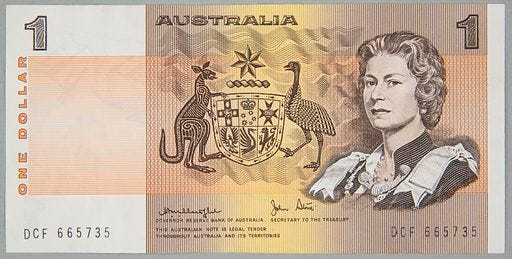 Banknot na 1 dollar, Reserve Bank, Australia, b. R (1983). Polish original: Banknot na 1 dollar, Reserve Bank, Australia, b. R (1983). Creator: Note Printing Australia. Creator role: printing house. Date: 1983. Object Number: MNK VII-B-12500. Banknot na 1 dollar, Reserve Bank, Australia, b. R (1983). Polish original: Banknot na 1 dollar, Reserve Bank, Australia, b. R (1983). Creator: Note Printing Australia. Creator role: printing house. Date: 1983. Object Number: MNK VII-B-12500.