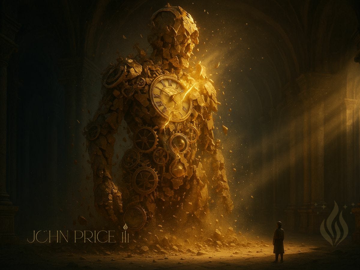 A towering humanoid statue made of cracked stone, gears, clocks, and hourglasses stands inside a vast dimly lit temple hall. Light pours through the fractures in its chest as the structure crumbles outward in a golden burst of dust and debris. A small solitary figure stands at a distance, illuminated by the same warm light, witnessing the collapse. The scene feels mythic and reverent, symbolizing the fall of relentless busyness and the reclaiming of presence.