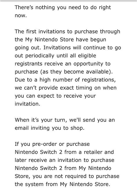 My Nintendo Store Switch 2 pre-order email