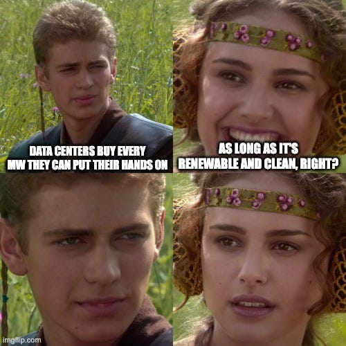 Anakin and Padmé meme. Anakin: "Data centers buy every MW they can put their hands on." Padmé, smiling: "As long as it's renewable and clean, right?" Anakin stares silently. Padmé, less sure: "As long as it's renewable and clean, right?"