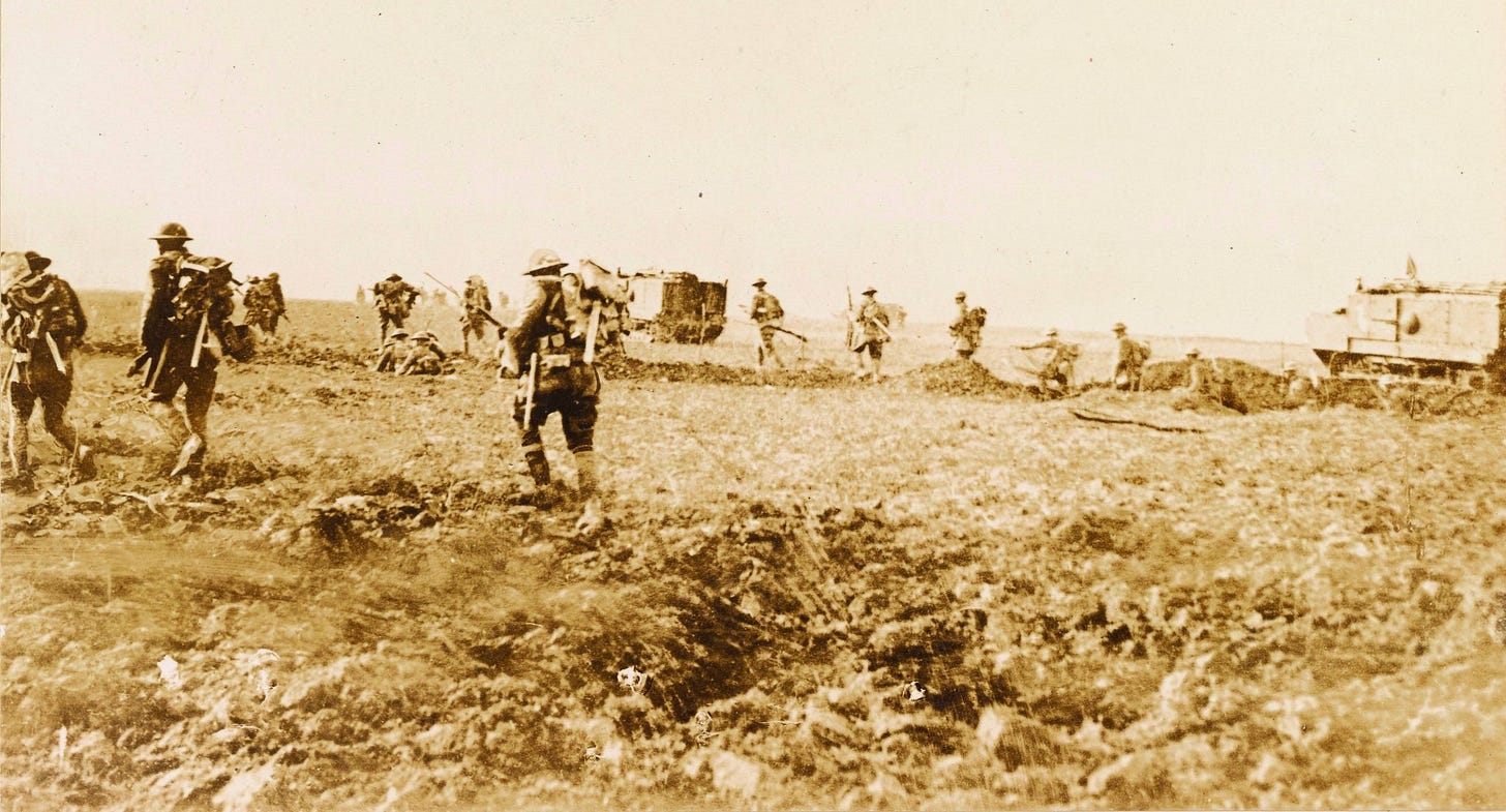 Soldiers of the U.S. Army's 1st Infantry Division advance across open ground during the Battle of Cantigny in May 1918, America's first major offensive operation of World War I Soldiers of the U.S. Army's 1st Infantry Division advance across open ground during the Battle of Cantigny in May 1918, America's first major offensive operation of World War I